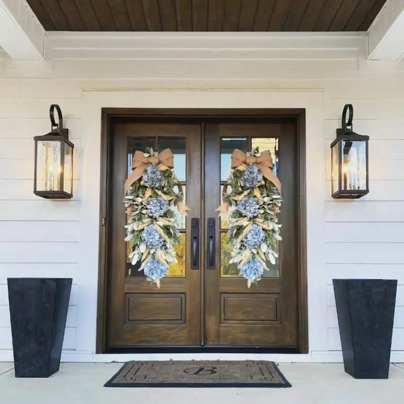 Country Farmhouse Style Door Decor, Light Blue Hydrangea with Lambs Ear Grass and Bulrush Accents, All-Season Porch and Entrance Decoration, Rustic Decoration