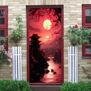 2pcs Chinese Style Ancient Architecture Wall Sticker Japanese Cherry Blossom Falling Moon Landscape Decal Removable Self Adhesive PVC Material Bedroom Living RoomDecorative Painting Home Wall Art Decorati