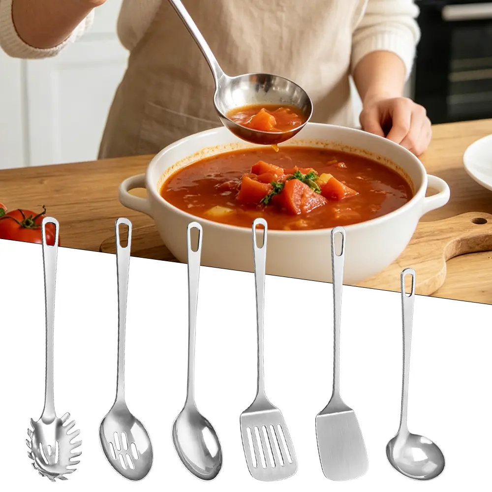 Stainless Steel 6-Piece Cooking Utensils Set for Kitchen Use - Heat Resistant Metal Spatulas/Spoons, Easy to Clean, Silver