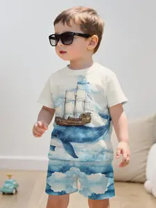 Whale & Sailboat Dreamy Printed Kids' Short Sets, Blue-White Gradient, Boys' Ocean Style Breathable Tee & Shorts