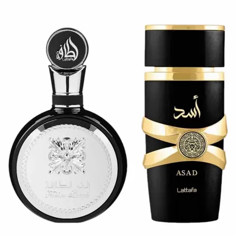 Lattafa Men's Multi-Pack Fragrance Bundle - (2pc) Aromatic EDP Spray, 3.4oz Asad + Fakhar Liquid Men's Fragrance