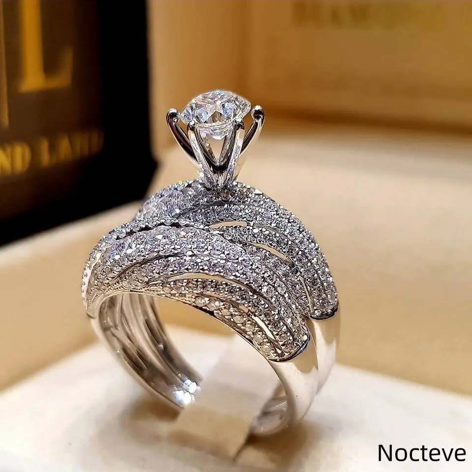 Ladies Dual-Tier Full Sparkle Synthetic CZ Alloy Finger Band Bundle, Cool Silver-Coated Mix-Match Bridal Layerable Accessory Wedding Ceremony & Sweet Commitment Tiny Feminine Milestone Keepsake Gifts