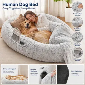 Human Dog Bed, Fits You & Pets, Washable Faux Fur, Orthopedic, Plump Pillow, Blanket, Strap