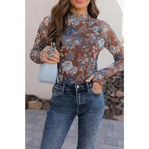 Pretty In Blue Bloom Mesh Long Sleeve Top