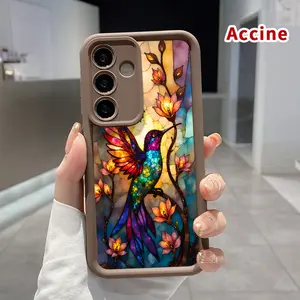 Soft Phone Case Compatible with Samsung Galaxy S24 Plus S25 S23 S22 Ultra S24+ Hummingbird in Stained Glass Pattern Camera Lens Protective Durable Cover Gift for Boy