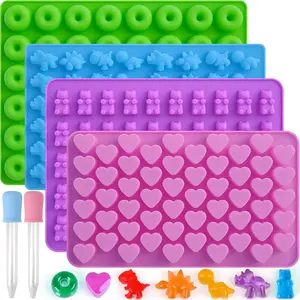 4 pcs silicone gummy candy mold set, including 2 pcs droppers, donuts, dinosaurs, bears, heart-shaped candy molds, food grade non stick silicone, suitable for gummies, chocolates, jellies, children's baking parties