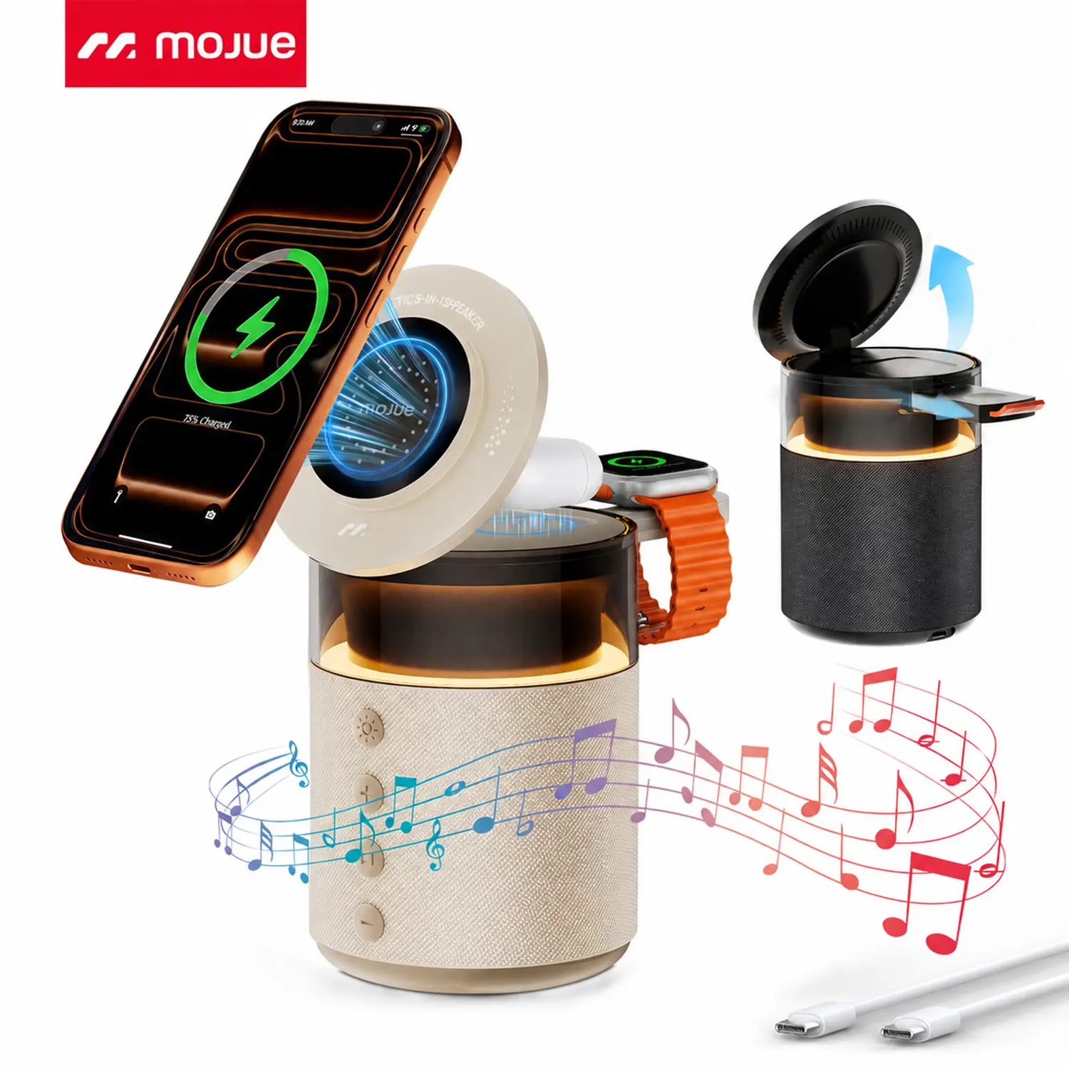 MOJUE 5-in-1 Portable Magnetic Wireless Induction Audio Speaker Stand, Qi2 Certified 15W Fast Charger, 360° Adjustable Smartphone/Tablet Stand with Colorful Ambient Light, Compatible with iPhone 18/17/16/15/14/13/12 Pro Max, Apple Watches, AirPods Pro,tec