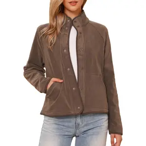 INSPIRE CHIC Women's Button Down Lightweight Long Sleeve Fall Crop Fleece Jacket with Pockets Coffee X-Large