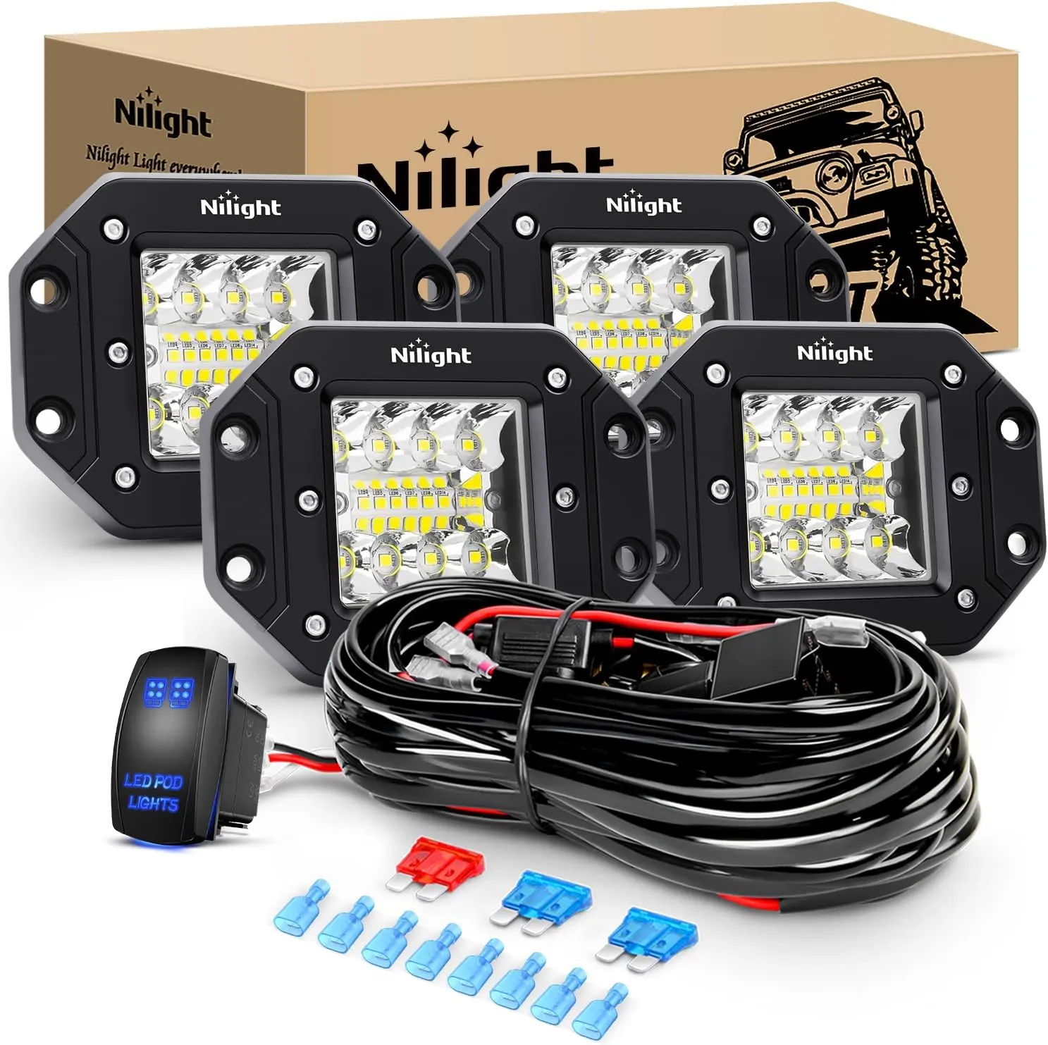 Nilight 4PCS 42W Flush Mount LED Pods Spot Flood Combo Beam Driving Light Backup Light Reverse Light Grill Mount Light with 16AWG LED POD Lights Wiring Harness Kit -4 Leads light  dealsforyoudays, Led Car Lights, 42W Power Output