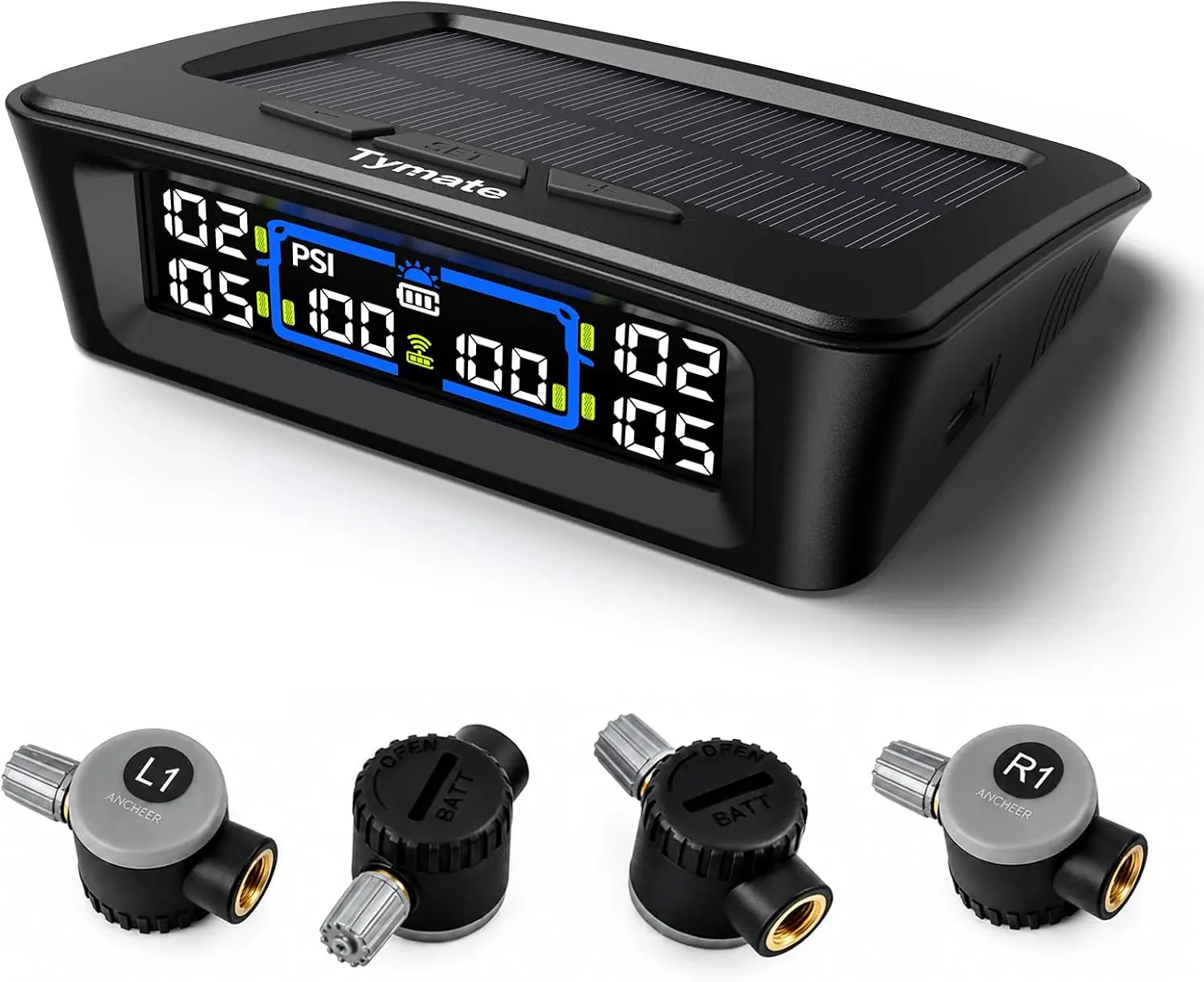 Tymate TM12 RV Tire Pressure Monitoring System, 4 Flow-Thru Sensors TPMS | Max. 12 Tires Info Monitoring, Easy to Inflate, 6 Alarm Modes, Solar/USB Charge, 50ft Range, 0-144PSI for RV & Older Vehicle