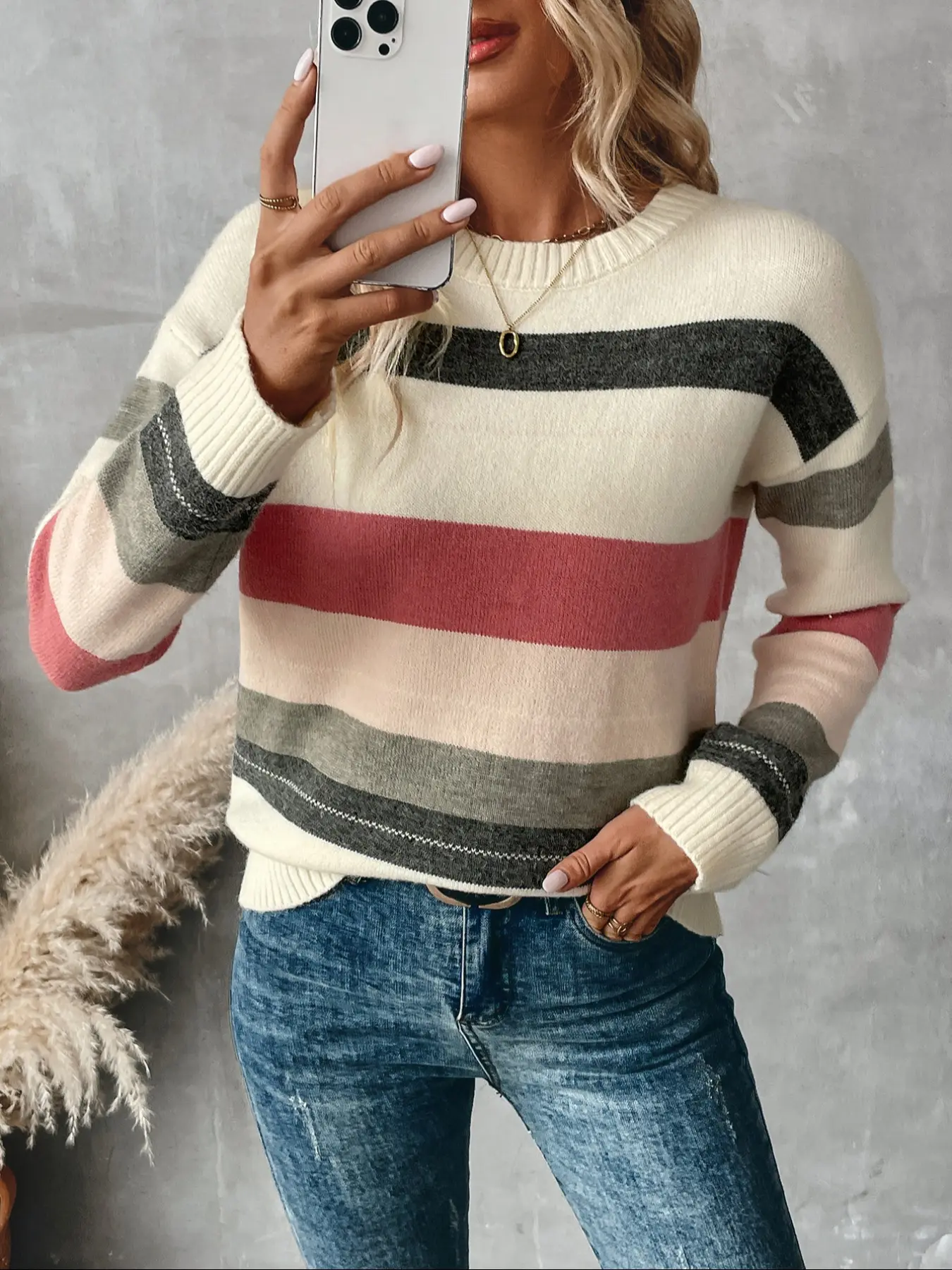 Women's Fall Winter Casual Striped Round Neck Long Sleeve Knit Sweater, Multi-Color Patchwork, Soft Skin-Friendly Material, Mother's Day Gift, Knitwear, Womenswear, Tops, Clothes, Knitting