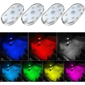 4Pcs Wireless LED Interior Lights, 7 Colors with 6 Bright LED Beads, USB Rechargeable Portable Night Light for Car Decor