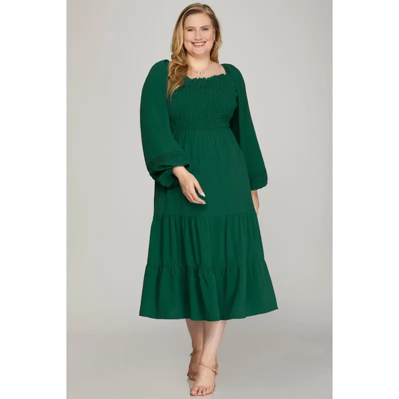 She + Sky Emerald Smocked Midi Dress - Plus