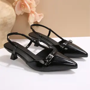 Kitten Heel Slingback Sandals for Women Faux Leather Pointed Toe Buckle Dress Shoes