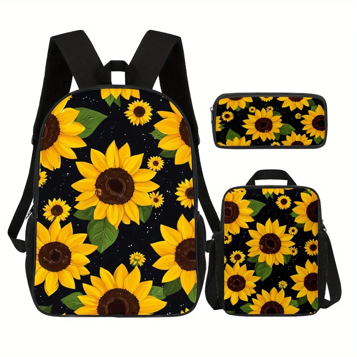 Sunflower design three-piece backpack set, including a sturdy large-capacity backpack, an insulated lunch box, and a multi-functional storage bag, perfect for school, outdoor activities, commuting, traveling, dining, and vacations