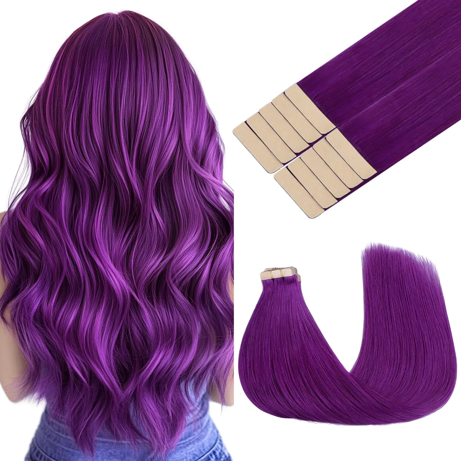 MOCA Hair Tape in Extensions,10 PCS Purple Hair Extensions,24 inch tape in Rainbow Neon Party Highlights for Kids Girls Women straight Synthetic Hairpieces Long Hair for halloween/party/musicfestival use