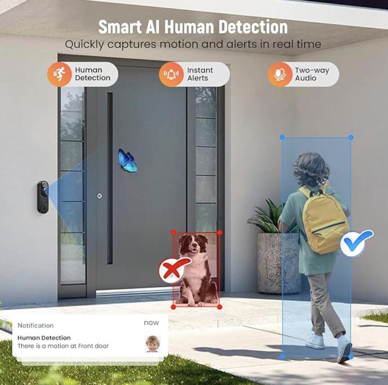 Wireless Video Doorbell Camera, Smart Security Doorbell Camera, 1080P, AI Human Detection , Night Vision, Instant Alert, Two Way Audio, 2.4G WiFi Only, Simple Installation and Rechargeable Battery, Cloud Storage, WiFi Camera