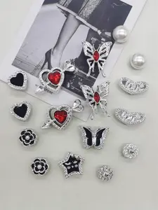 16PCS Black Red Resin Butterfly Shoe Charms Set DIY Decorations Removable Bling Rhinestone Heart Shaped Flower Clog Shoes Buckles Accessories Mutlifunctional Artificial Faux Pearl Shoe Clips Ornaments Women Lady Sandals Slides Slippers Beach Bags Decor