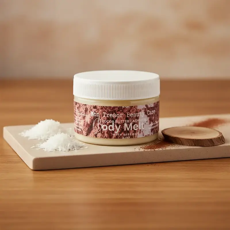 Mon Tresor Beauty Care Cocoa Butter Cashmere Body Melt - 5oz Luxury Hydrating Scented Eco-Friendly Cosmetic, Unisex Adult All-Skin-Types Moisturizer with Argan-Rice Blend & Cedar Wood, Daily Body Care for Smooth Moisture
