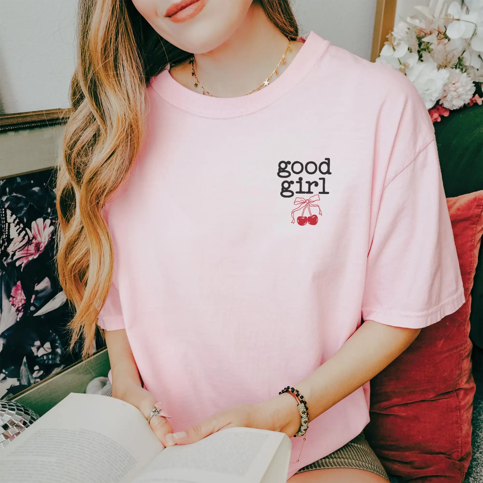 Graphic Tee for Women, Good Girl Cherry Print, Coquette Aesthetic, Casual Streetwear Outfit Top