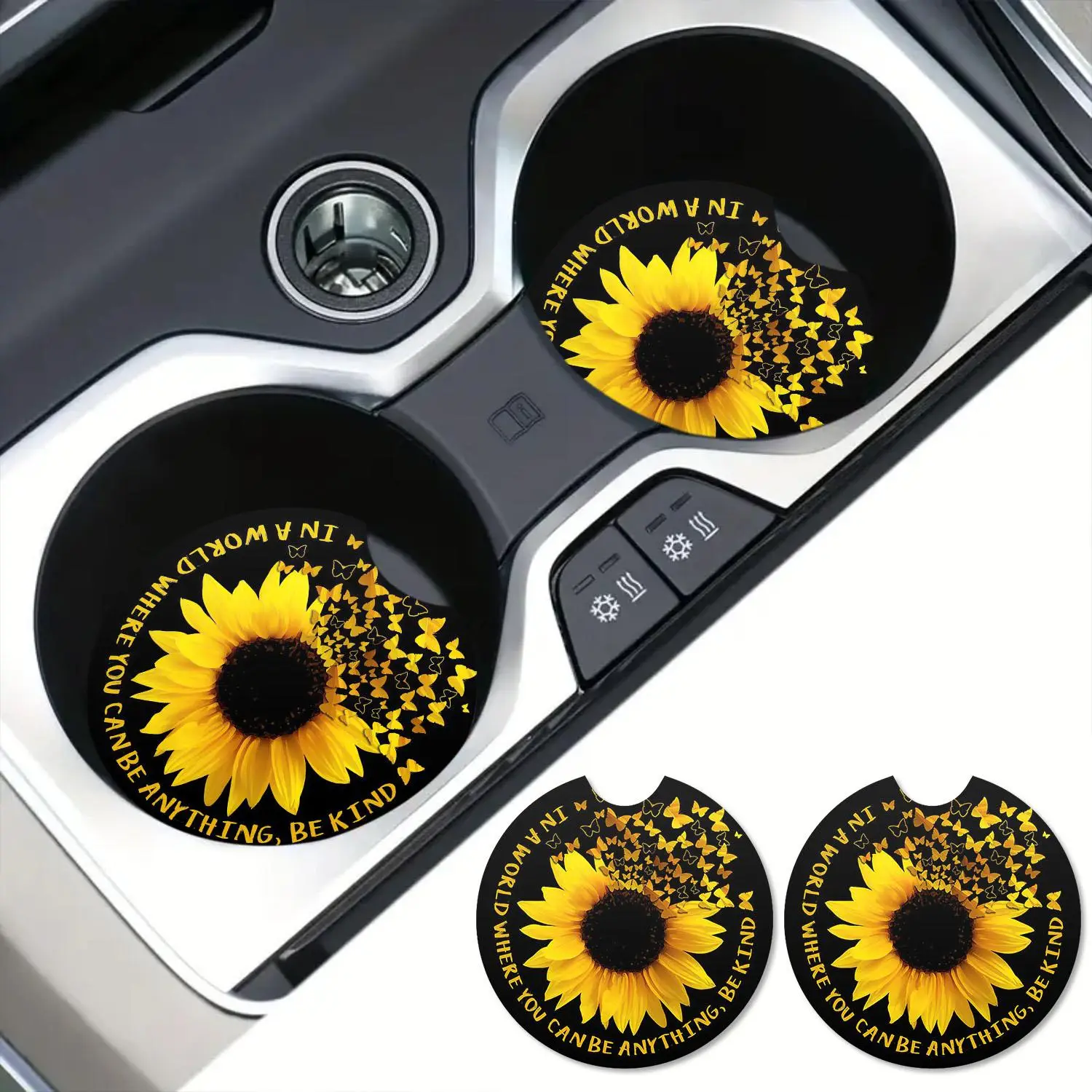 Sunflower Pattern Car Coaster, 1 Pair Round Car Cup Holder Coaster, Non-slip Car Cup Holder Mat, Universal Car Interior Decoration Accessories