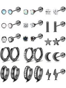 15 Pairs Black Minimalist Ear Stud Pack for Women Men Stainless Steel Delicate Gauge Structure with Ergonomic Flat Back Fit Unisex Assorted Chic Designs Dainty Inlay Ring Huggie Earrings for Tragus Helix Multi-Area Ear Piercing Daily Wear Jewelry Ornament