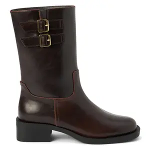 COCONUTS by Matisse Womens Basil Square Toe Pull On Motorcycle Casual Boots Mid Calf Low Heel 1-2" - Brown