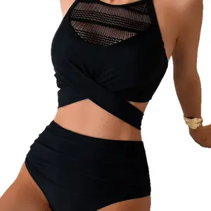 YF Slimming Curvy Fit Two Piece Swimsuit Mesh Insert Halter Wrap Cross Midriff High Waist Bottoms for Tropical Holiday & Water Sports