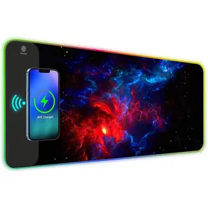 RGB   Gaming  Pad, 7.5/10/15W 10 Light Modes LED  Pad Computer Keyboard Mat Mousepad, 800x300x4MM Extended Large Desk Pad Desk Mat for Gamer, Red Blue Galaxy