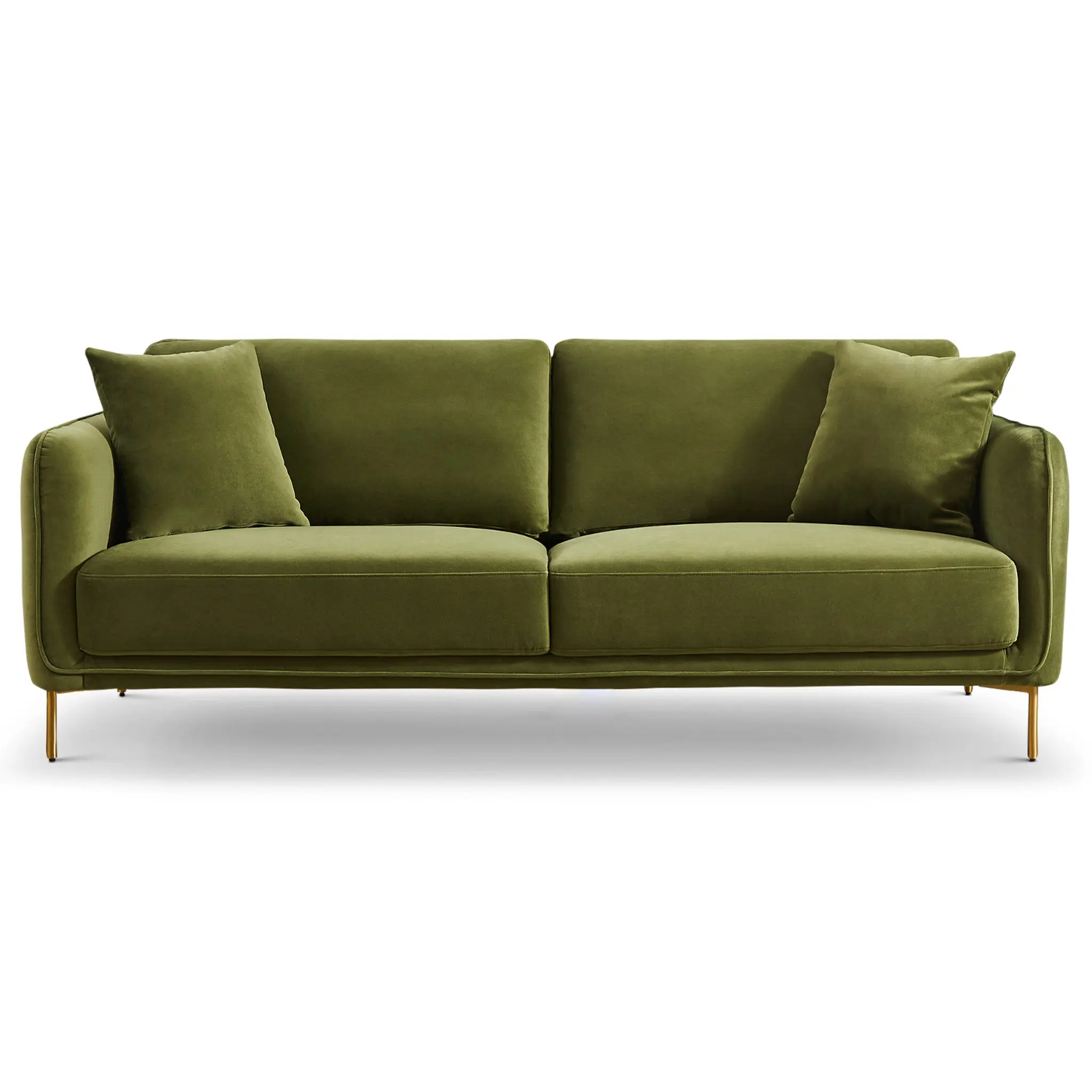 Daman Olive Green Velvet Modern Upholstered Living Room Sofa - Stylish Mid-Century Design, Classy Gold-Plated Metal Feet, Durable, Compact Size, Cozy, Cushioned Indoor Decor Furniture (Cozy Living Room Experience)