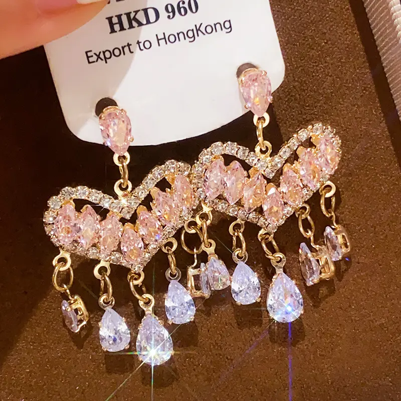 Women's Heart Motif Zircon Stone Earrings - Diamond-Inlaid Tassel Drop Studs, Light Luxury High-End Daily Wear One-Size Costume Jewelry, Zircon Stones