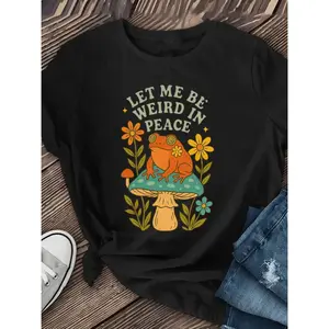 Casual Short Sleeve Women's T Shirt with Frog and Mushroom Forest Graphic and Let Me Be Weird in Peace Slogan Vibrant Blue Round Neck Top for All Season Boho Style Everyday Wear