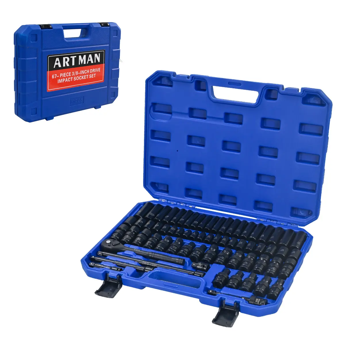 67-Piece Pneumatic Air Tool Set CRV Steel Blow Molded Storage Box Black Blue Portable Air Compressor Tool Kit for Garage Workshop Professional Mechanic Home DIY Repair, All-In-One Tool Kits, Compartmentalized Tool Kits