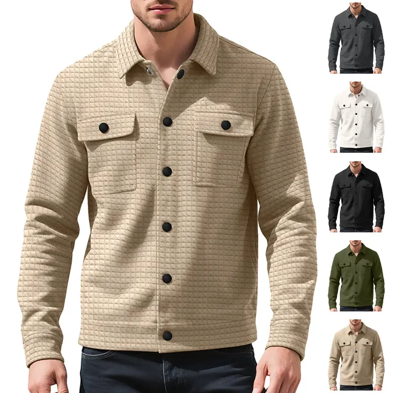 Menswear Men's Slim Fit Textured Jacquard Small Check Workwear Shirt Jacket - Turn-Down Collar, Long Sleeves, 2 Flap Chest Pockets, Single-Breasted Closure, Smooth Drape, Solid Color, Lightweight Coat for Commuting, Outdoor Activities
