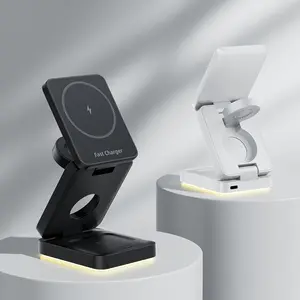 MAG FUN FoldCharge 3-in-1 Interactive Folding Wireless Charging Station, Multi-Device Charger Stand for Phone Apple Watch Earbuds with LED Display for Home Desk Travel, Compatible with iPhone 17-12 Series Apple Watch Ultra/9/8 AirPods