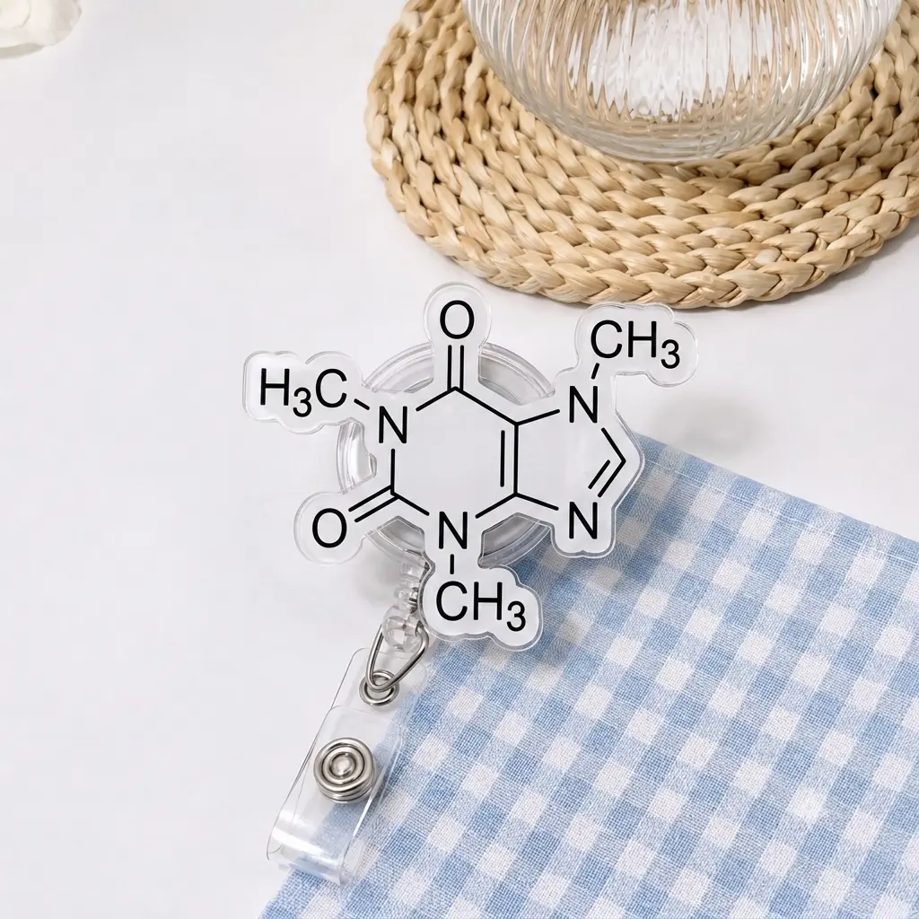 Caffeine Molecule Badge Reel, Chemistry Science Retractable ID Holder, Coffee Lover Badge Clip for Nurses, Pharmacists, Lab Technicians, Teachers and Students