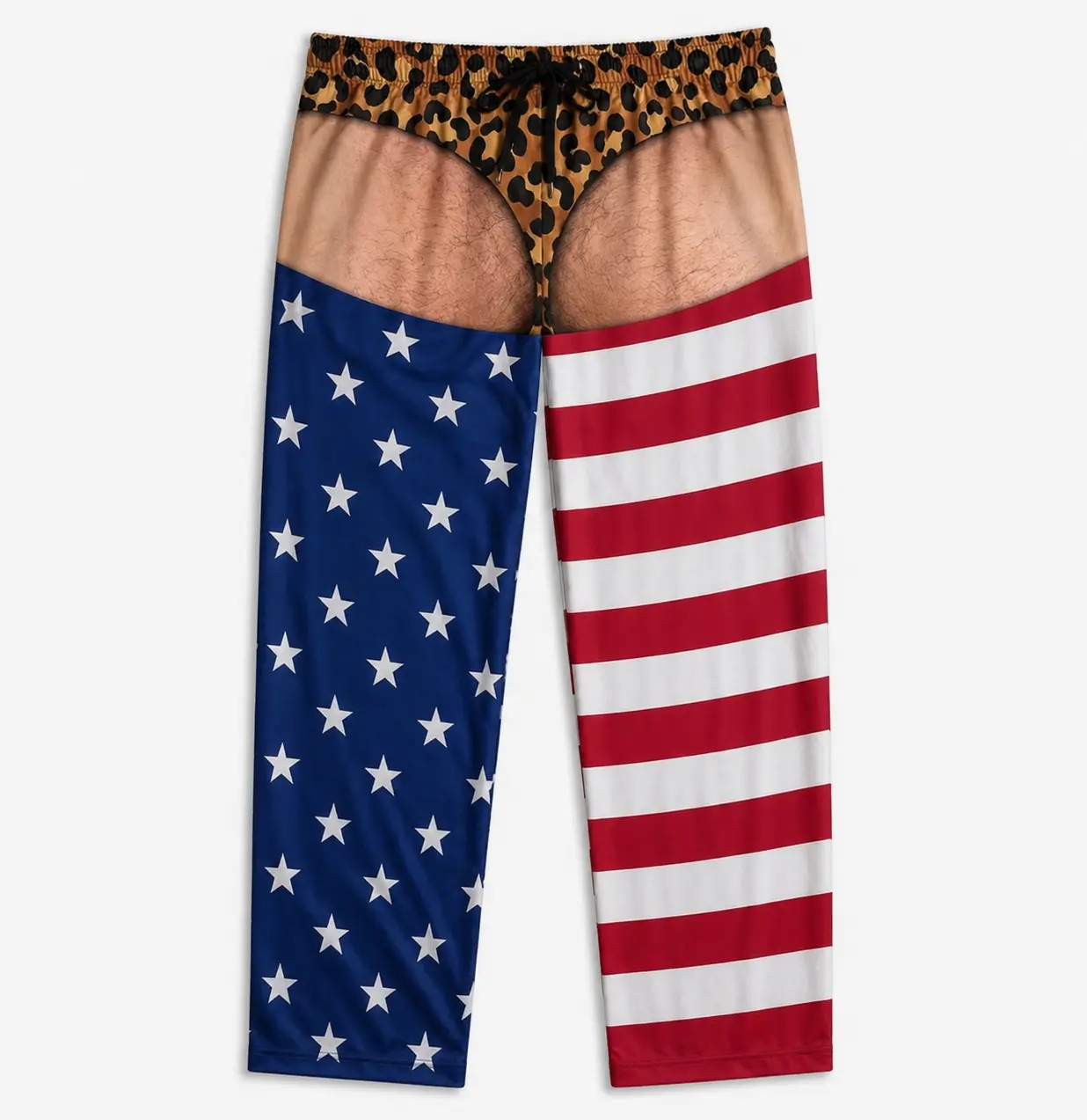 Funny Leopard Patriotic USA Flag  Men's Pajama Pants, HG Funny Pajama Pants, Fake Underwear Print Halloween Pants, Novelty Halloween Gag Gift, Party Outfit for Him