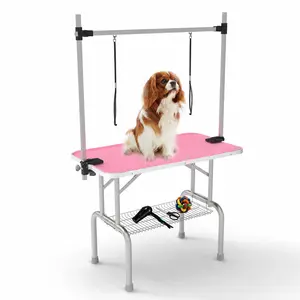46" Folding Pet Grooming Table for Dogs & Cats, Stainless Steel Frame, Rubber Mat, Adjustable Arm with Clamps, Pink Color