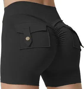 Women Pocket Shorts Cross High Waist Scrunch Butt Booty Workout Lifting Athletic Gym Bottoms
