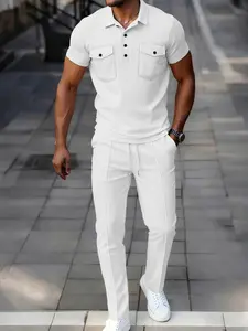 Men's Business Casual Classic Solid Color Waffle Short Sleeve Long Pants Turn-Down Collar Polo Shirt Set, Outfit, Slim-Fitting, Spring & Fall, Waffle Knit Sets