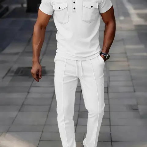Men's Business Solid Color Long Pants & Short Sleeve Polo Shirt Set, Casual Classic Outfit, Slim-Fitting Summer Wear, Waffle Knit Sets