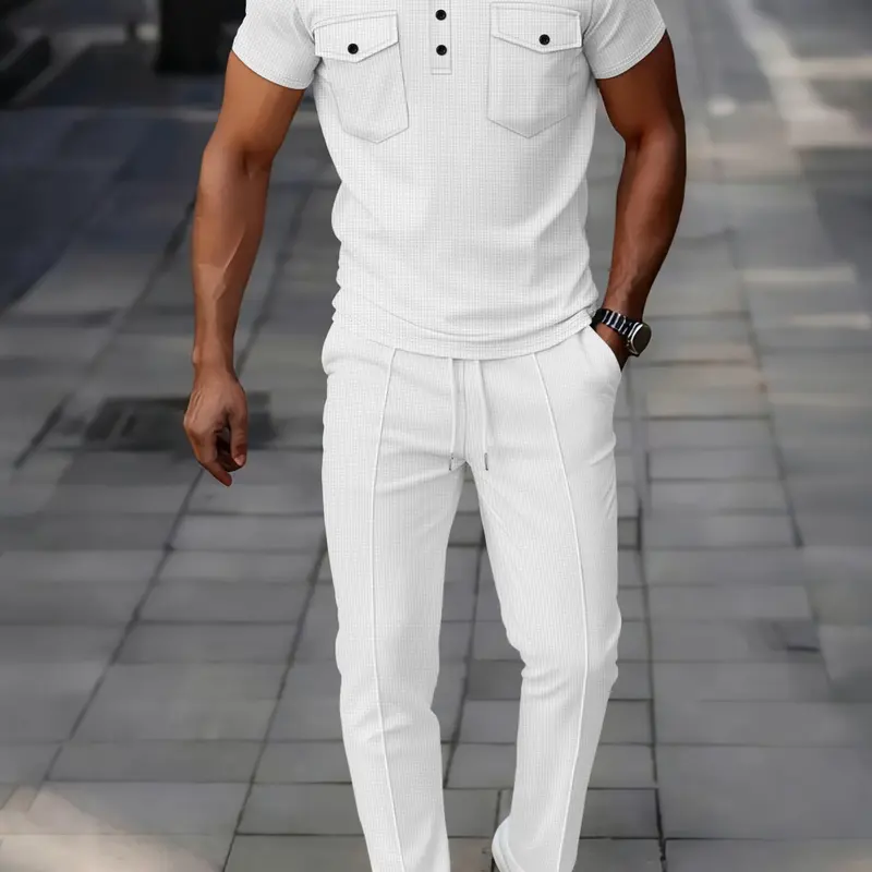 Men's Business Solid Color Long Pants & Short Sleeve Polo Shirt Set, Casual Classic Outfit, Slim-Fitting Summer Wear, Waffle Knit Sets
