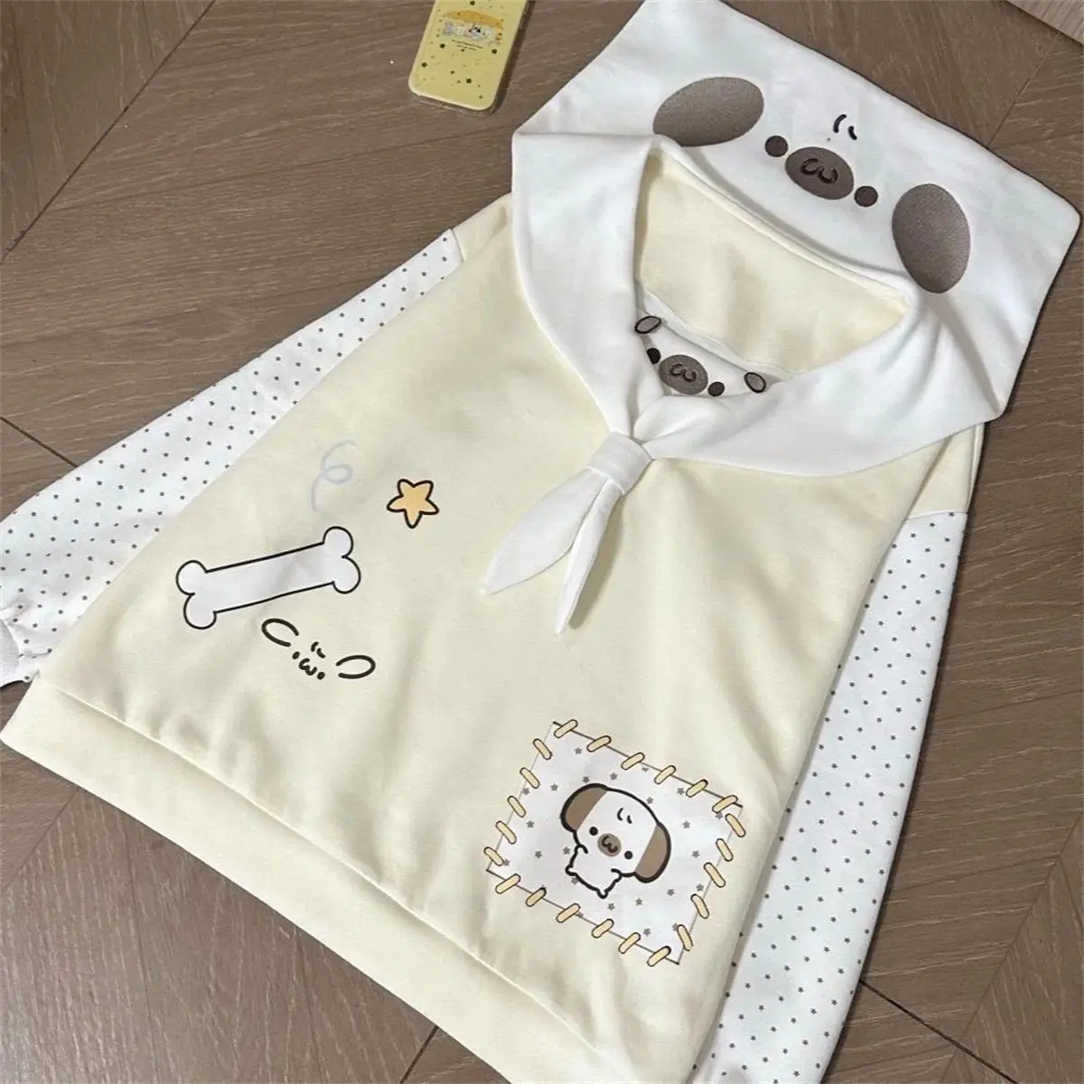 Japanese Kawaii Cartoon Dog Print Hoodies Women Sweet Sailor Collar Loose Sweatshirt Aesthetic Polka Dot Lolita Hoody Tops