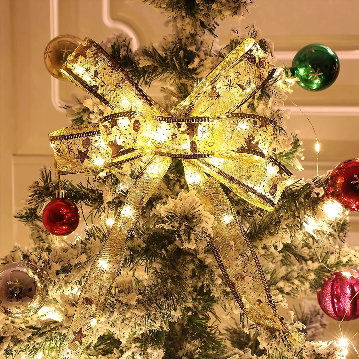 【US-based sellers】Christmas Tree Decorations Lights, LED Lights Copper Wire Ribbon Bows Lights for Party Weddings Holiday Christmas Tree Decorations (Gold Warm Light Battery Powered)