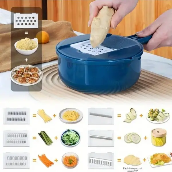 12-in-1 Multi-Functional Vegetable Chopper - Manual Slicer, Dicer, Grater for Potatoes, Carrots, Radishes - Easy Clean Kitchen Gadget, Suitable for Home and Restaurant Use, PP Material