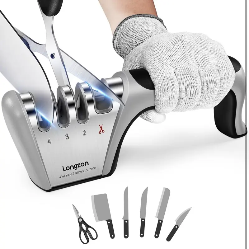 Longzon 4-in-1 Knife Sharpener [4 Stage] with a Pair of Cut-Resistant Glove, Original Premium Polish Blades, Best Kitchen Knife Sharpener
