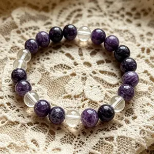 Hcrystyle Air signs Bracelet- Natural Charoite & Clear Quartz combination Designed for Air signs to enhance Intellect, Rational & Freedom energy - Gift for love ones/ friends- birthday/ anniversary gift | 8mm beads 6.5-7.5 inches men summervibes