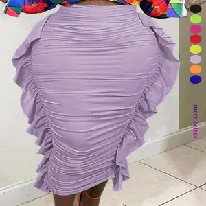 Women's Plain Ruched Ruffle Trim Bodycon Skirt, Casual Fashion High Waist Midi Skirt for Daily Outdoor Wear, Women's Bottoms for Spring & Fall, Womenswear Basic Lilac