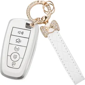 for Ford Key Fob Cover with Keychain, Soft TPU Key Case Shell for F150 F250 F350 Mustang Bronco Explorer Escape Edge Expedition Maverick Ranger Lincoln Smart Remote Key(White)