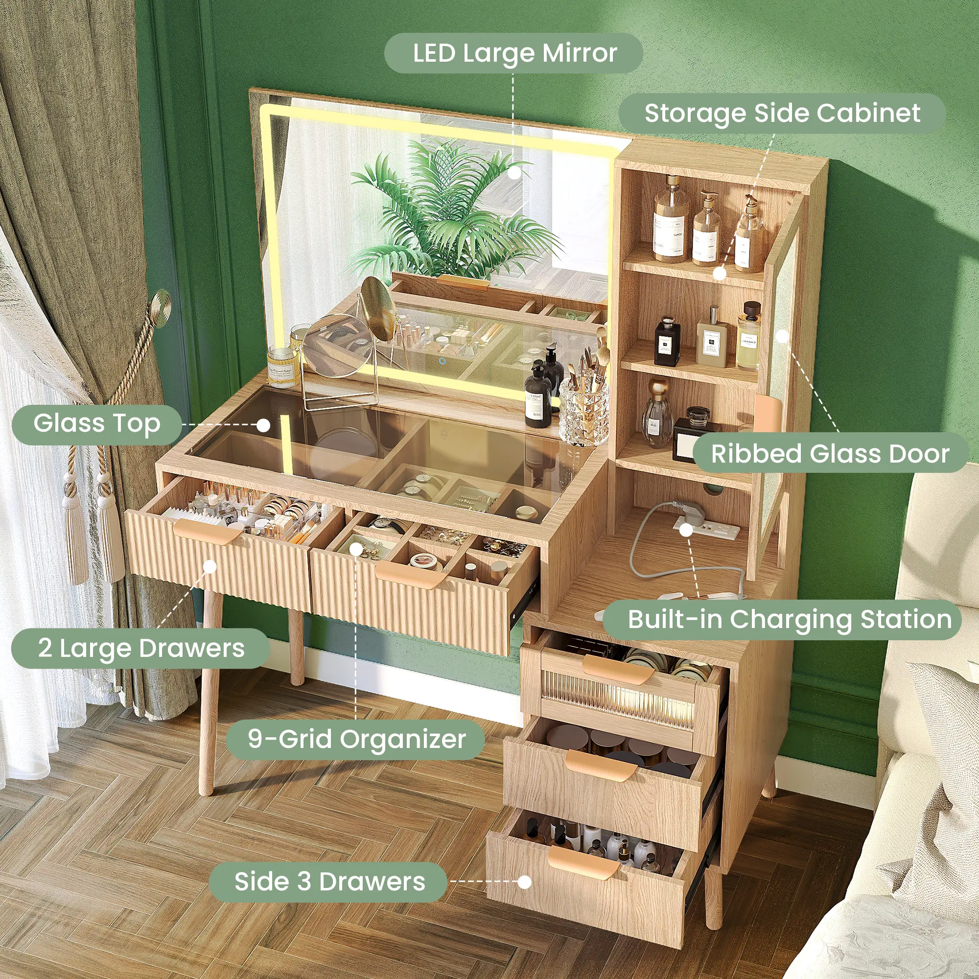 Natural Oak Modern Wood Dresser with LED Lights - Lighted Vanity Table, Fluted Wood, Mirror, 5 Drawers, Glass Top, 4 Storage Compartments, 9-Grid Organizer, Charging Station, 3-Color Ribbed Glass, LED Vanity Desk - TikTok Shop Natural Oak Modern Wood Dresser with LED Lights - Lighted Vanity Table, Fluted Wood, Mirror, 5 Drawers, Glass Top, 4 Storage Compartments, 9-Grid Organizer, Charging Station, 3-Color Ribbed Glass, LED Vanity Desk - TikTok Shop